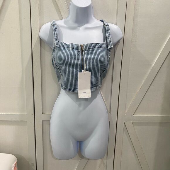 Bershka Strap Detail PinstripesBlue Denim  Zip Up Crop Top In Size Large - Picture 10 of 17